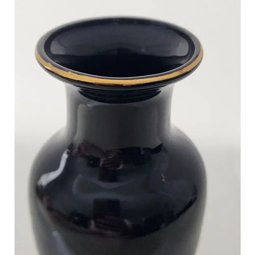 Japanese Black Floral Vase Gold Trim Poppy Design 6